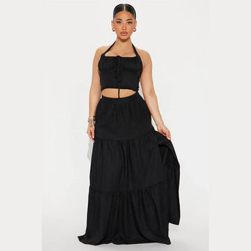 Women’s Two-Piece Set – Halter Crop Top – Tie Front – Tiered Maxi Skirt – Flowing Fit